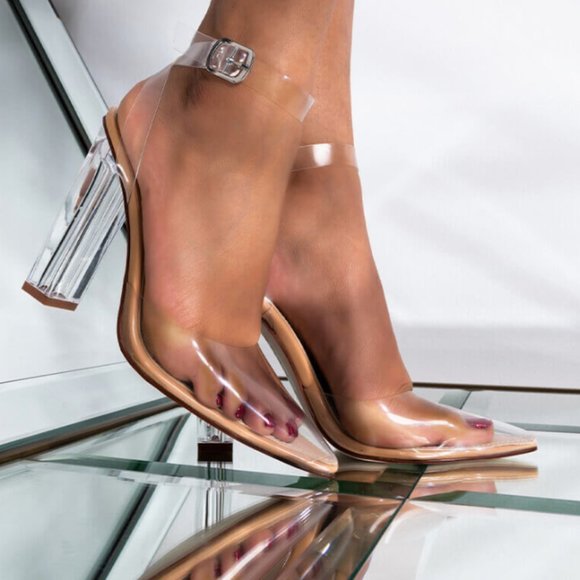 🌟 New with Box - All Clear Chunky Pointed Toe Heels - Picture 1 of 14